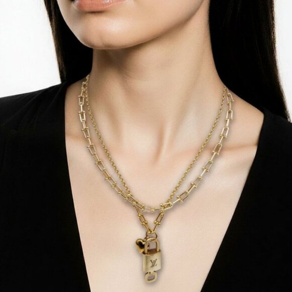 Stainless Steel Gold-Plated Necklace with Authentic Louis Vuitton Padlock
